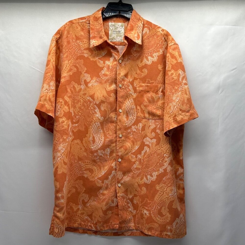 Tasso Elba Island Mens Orange Paisley Button-Down Shirt 75% Silk 25% Linen Short - Picture 12 of 16